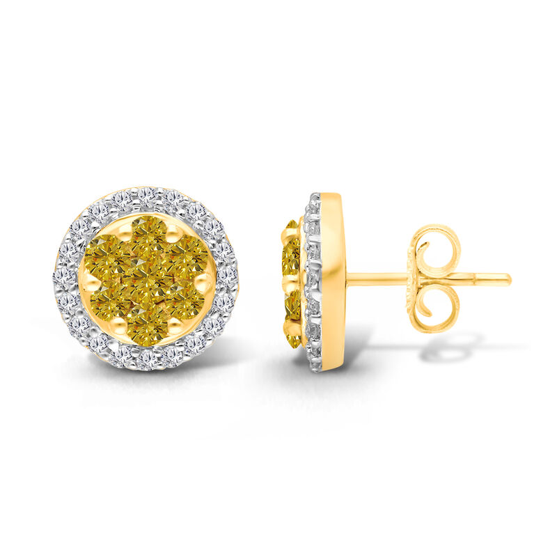 White and Yellow Diamond 1ctw. Cluster Halo Stud Earrings in 14k Yellow Gold image number null